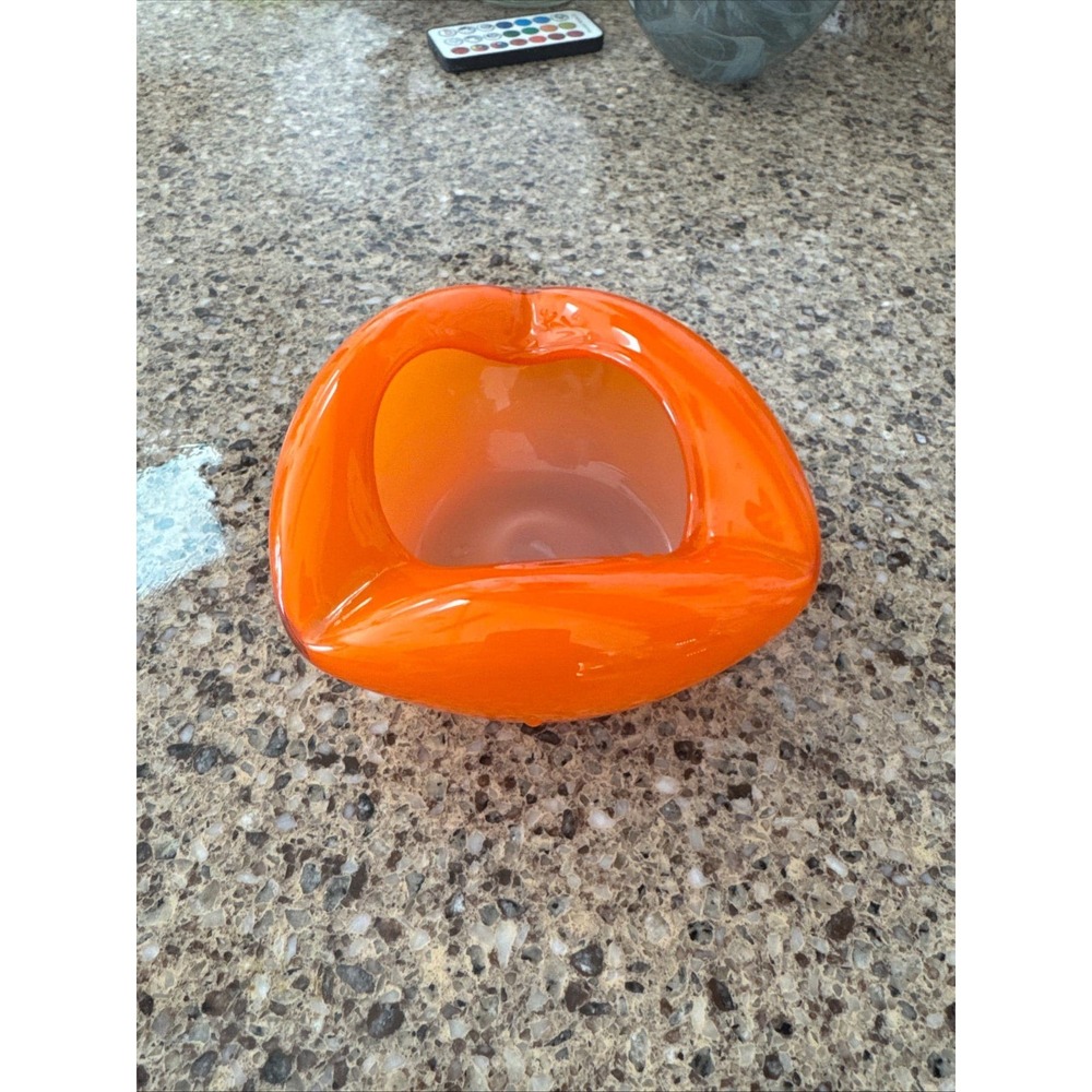 Vintage Murano Style Orange Cased Art Glass Bowl Ashtray Tri Corner Italian MCM